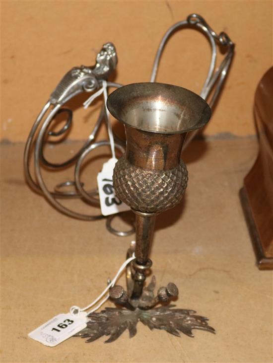 Elkington plate wine bottle stand and a plated thistle vase